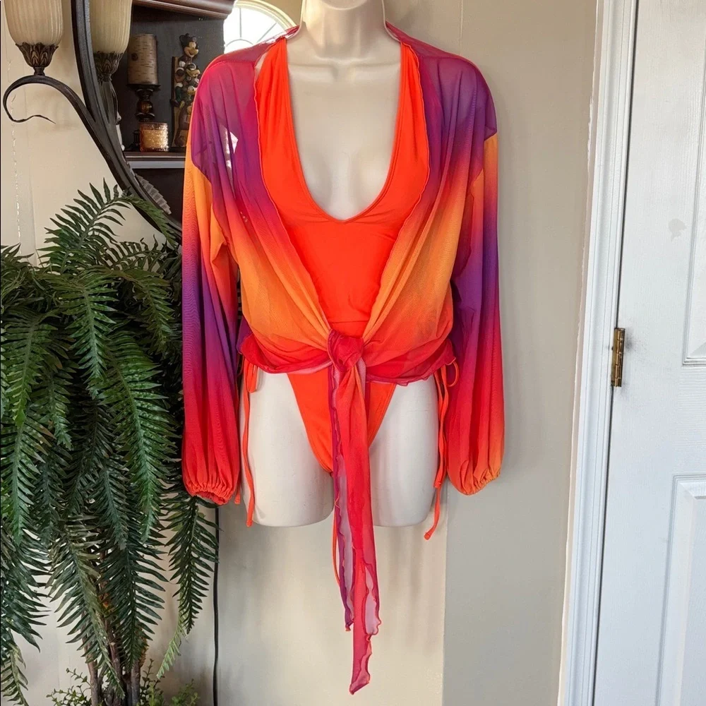 NWOT Orange Plunge One Piece Tie Back Swimsuit w/ Long Sleeve Ombre Mesh CoverUp